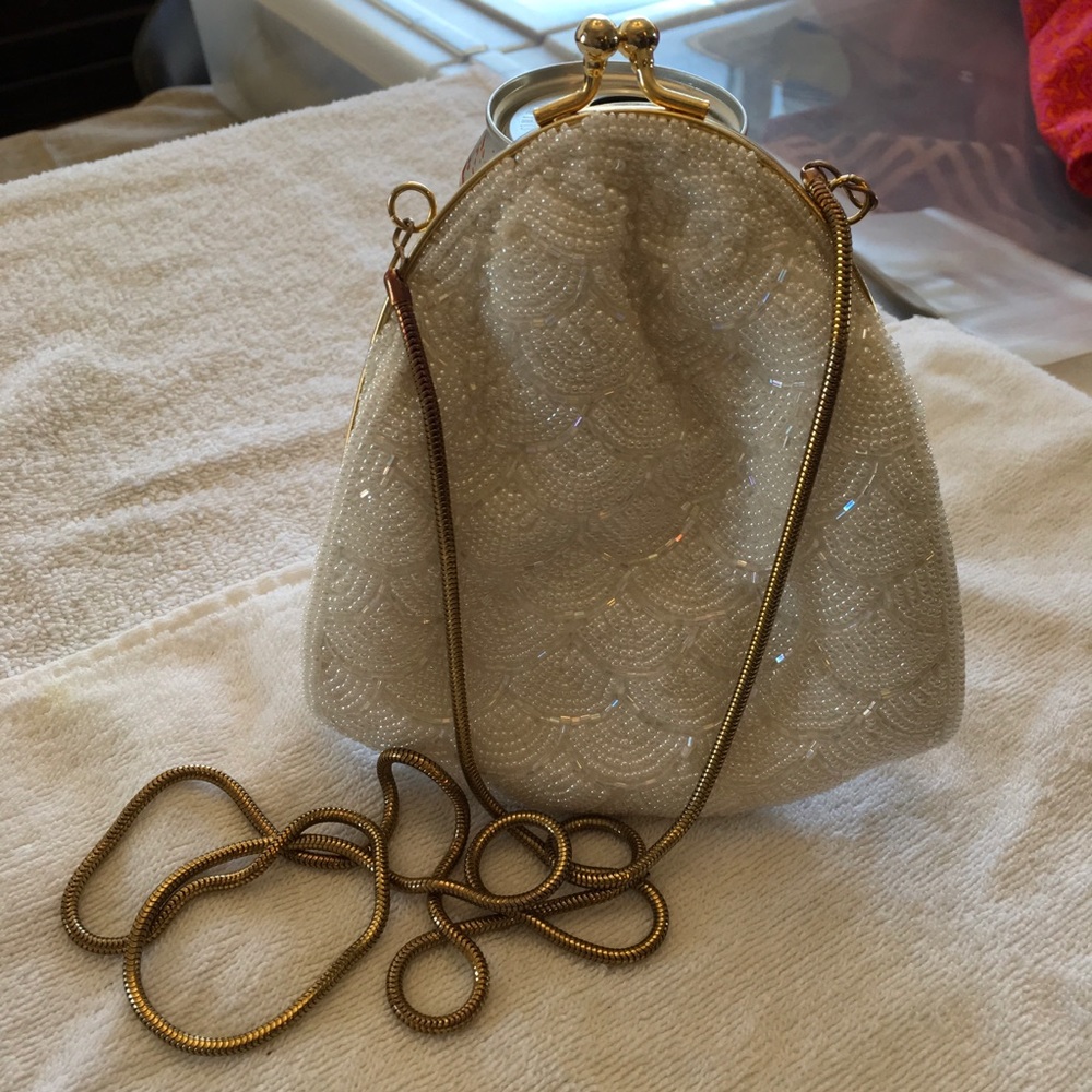 White Beaded Evening Bag with Gold metal strap